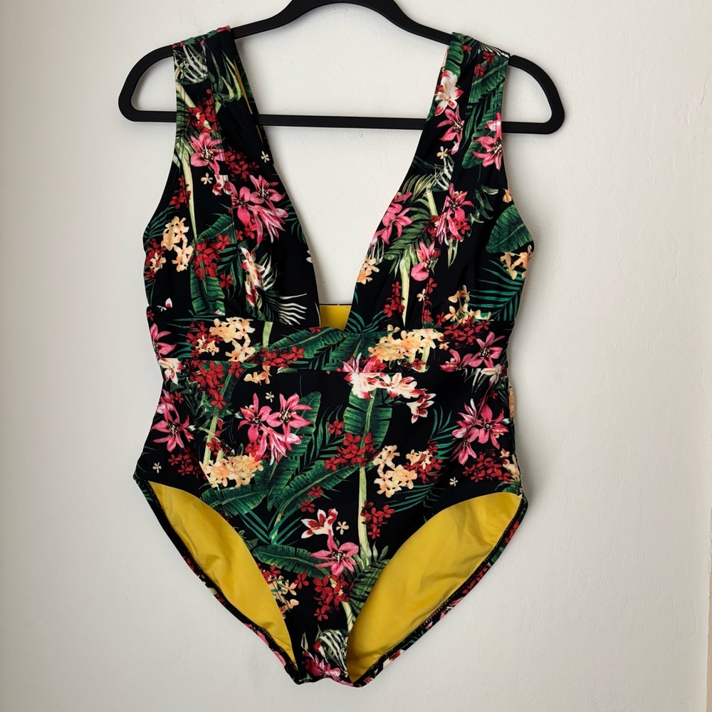 Floral V-Neck One-Piece Swimsuit - Black with Pink & Green Tropical Print